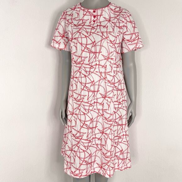 Vintage 60s Orange White Abstract Atomic Short Sleeve Shift Day Dress Large Mod - Picture 1 of 7